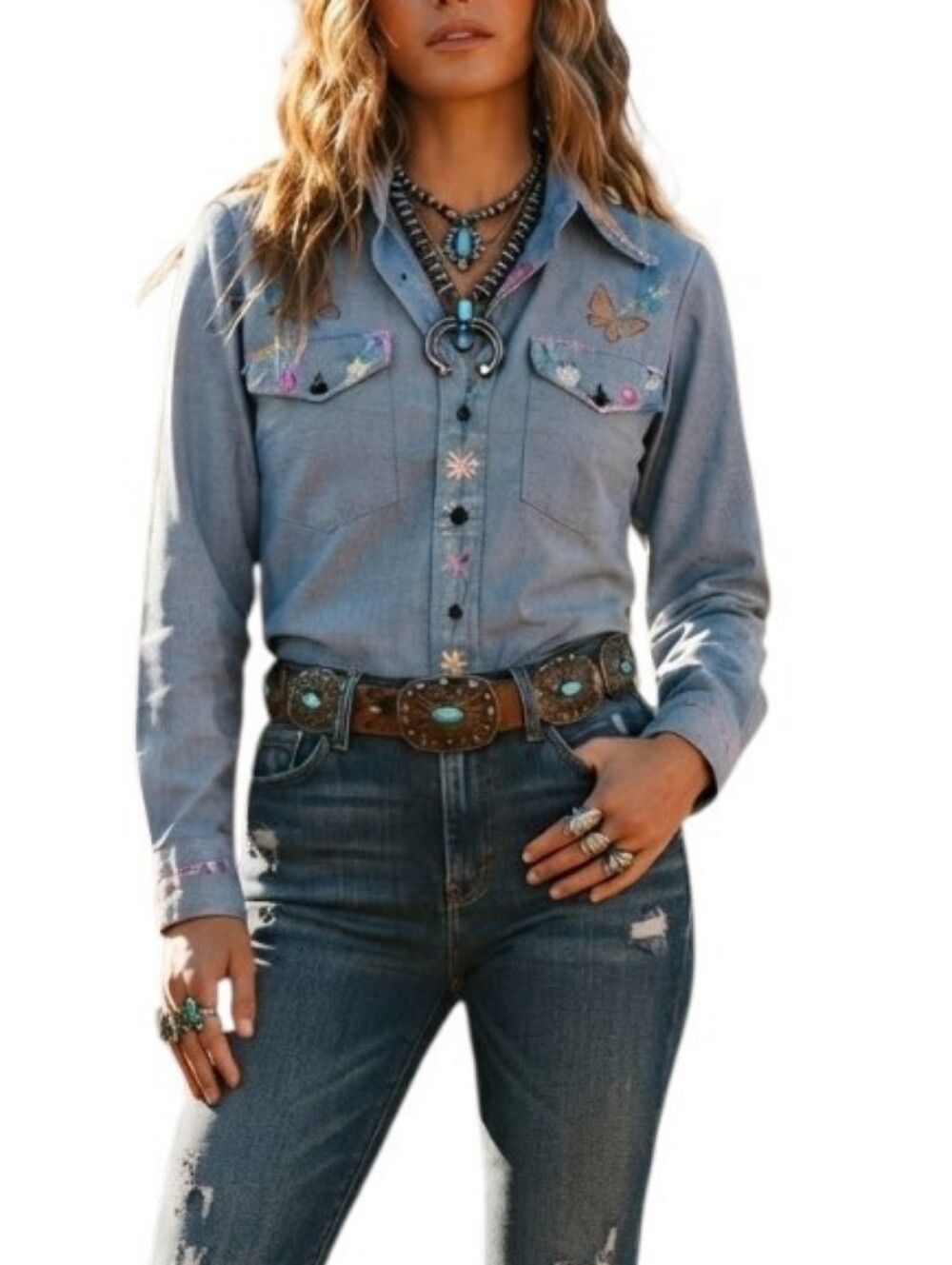 ​Vintage 70s Big Smith Embroidered Chambray Western Shirt Light Blue S/M